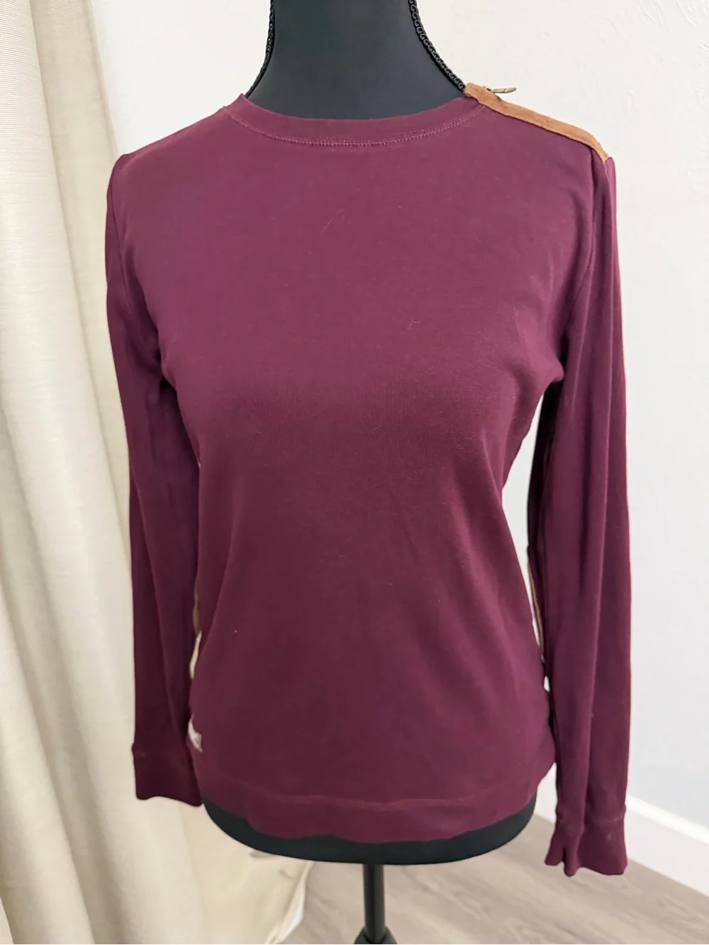 Lauren Ralph Lauren Burgundy Long-Sleeve with Tan Elbow Patches and Shoulder Zip
